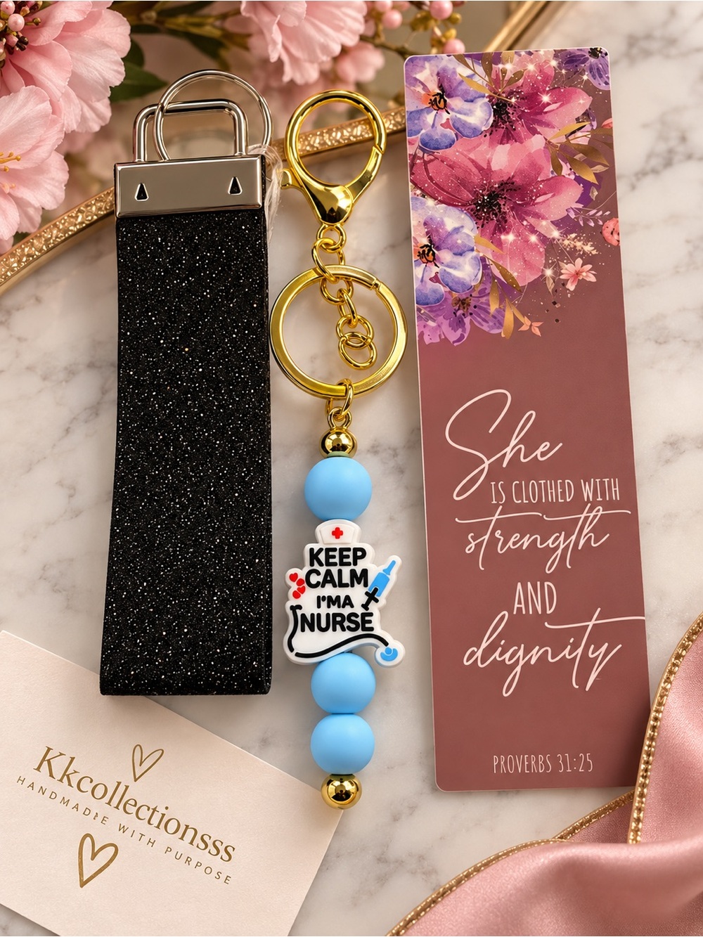 Nurse Glitter Wristlet Key & Card Holder with Blue Nurse Charm